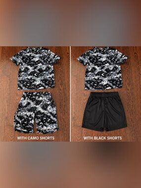 Athletic Works Boys 3 Piece Set Size 8 Gray Black Digital Camo Shirt & Shorts